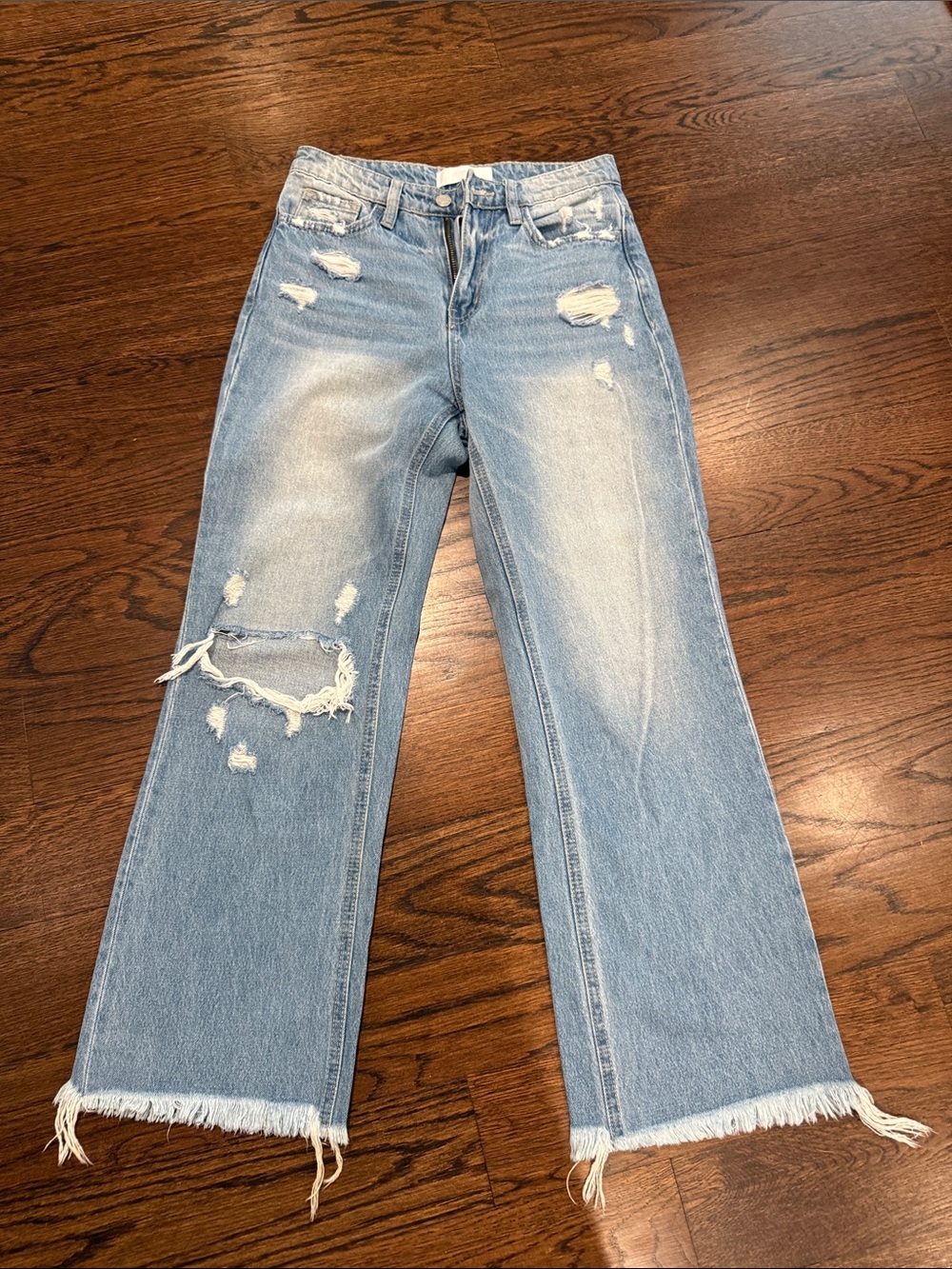 Light Wash Frayed Hem Wide Leg Jeans